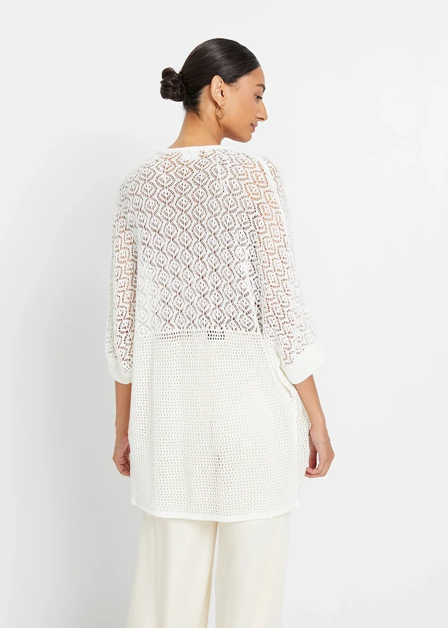 Gilet long en maille ajourée, Couleur: blanc