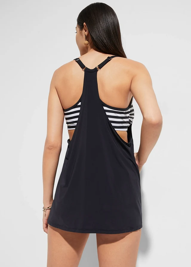 Lange tankini in layerlook (2-dlg. set), Kleur: zwart/wit