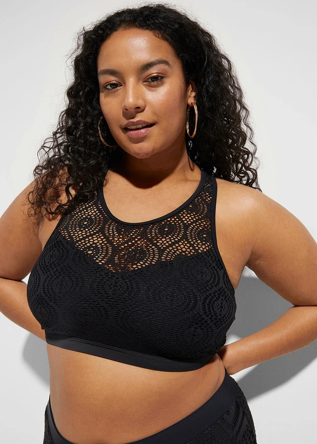 Bralette bikinitop met kant, Kleur: zwart