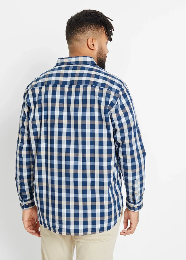 Chemise manches longues 100% coton, Couleur: bleu profond carreaux