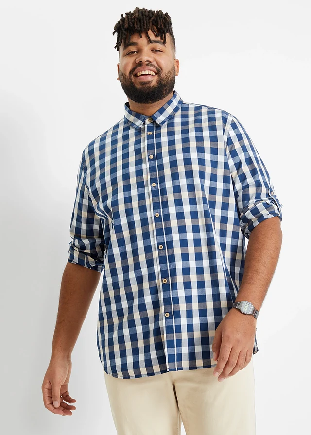 Chemise manches longues 100% coton, Couleur: bleu profond carreaux