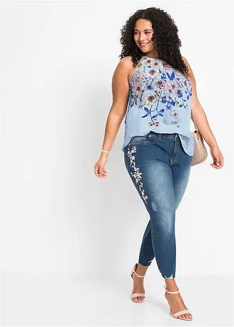 Halenkový top ze splývavé viskózy, barva: světle modrá s květy
