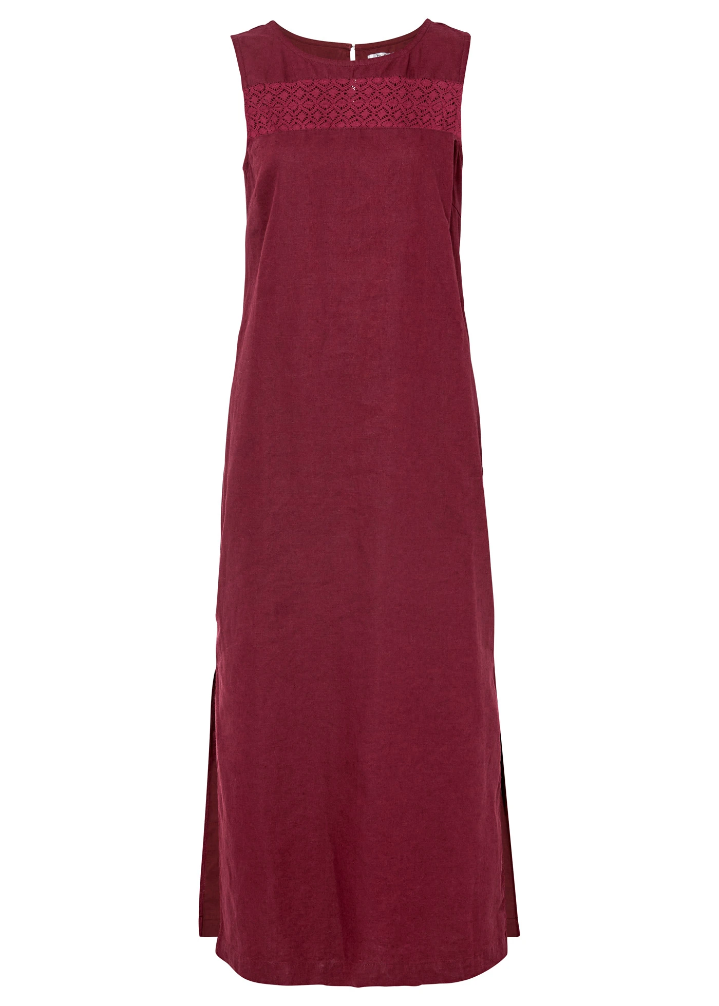 Dlouhé lněné šaty s dírkovaným vzorem u výstřihu, s postranním rozparkem • tmavě bobulová • bonprix obchod