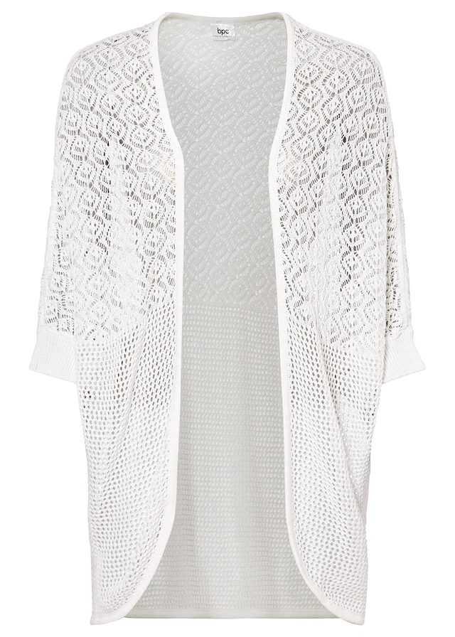 Gilet long en maille ajourée, Couleur: blanc