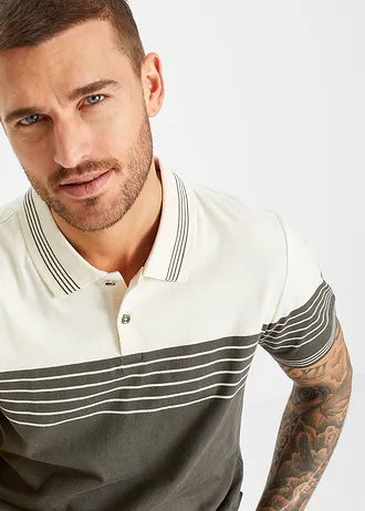 Tricou polo din jerse de bumbac 100% • ecru/oliv închis în dungi • magazin bonprix