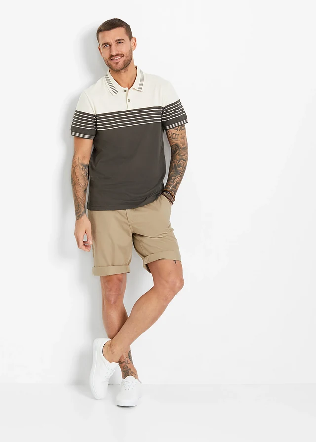 Polo en jersey 100% coton, Couleur: écru/olive foncé