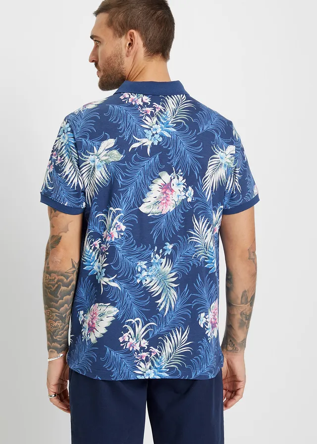Jersey poloshirt met Hawaï-print, korte mouw, Kleur: donkerblauw