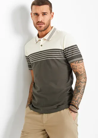 Polo en jersey 100% coton, Couleur: écru-olive foncé