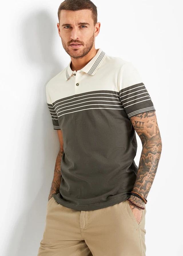 Jersey poloshirt van puur katoen • wolwit-donkerolijfgroen horizontaal gestreept • product-page.page-title-suffix