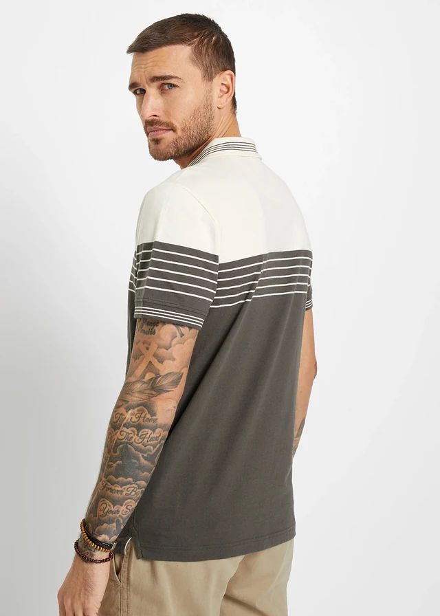 Polo en jersey 100% coton, Couleur: écru/olive foncé