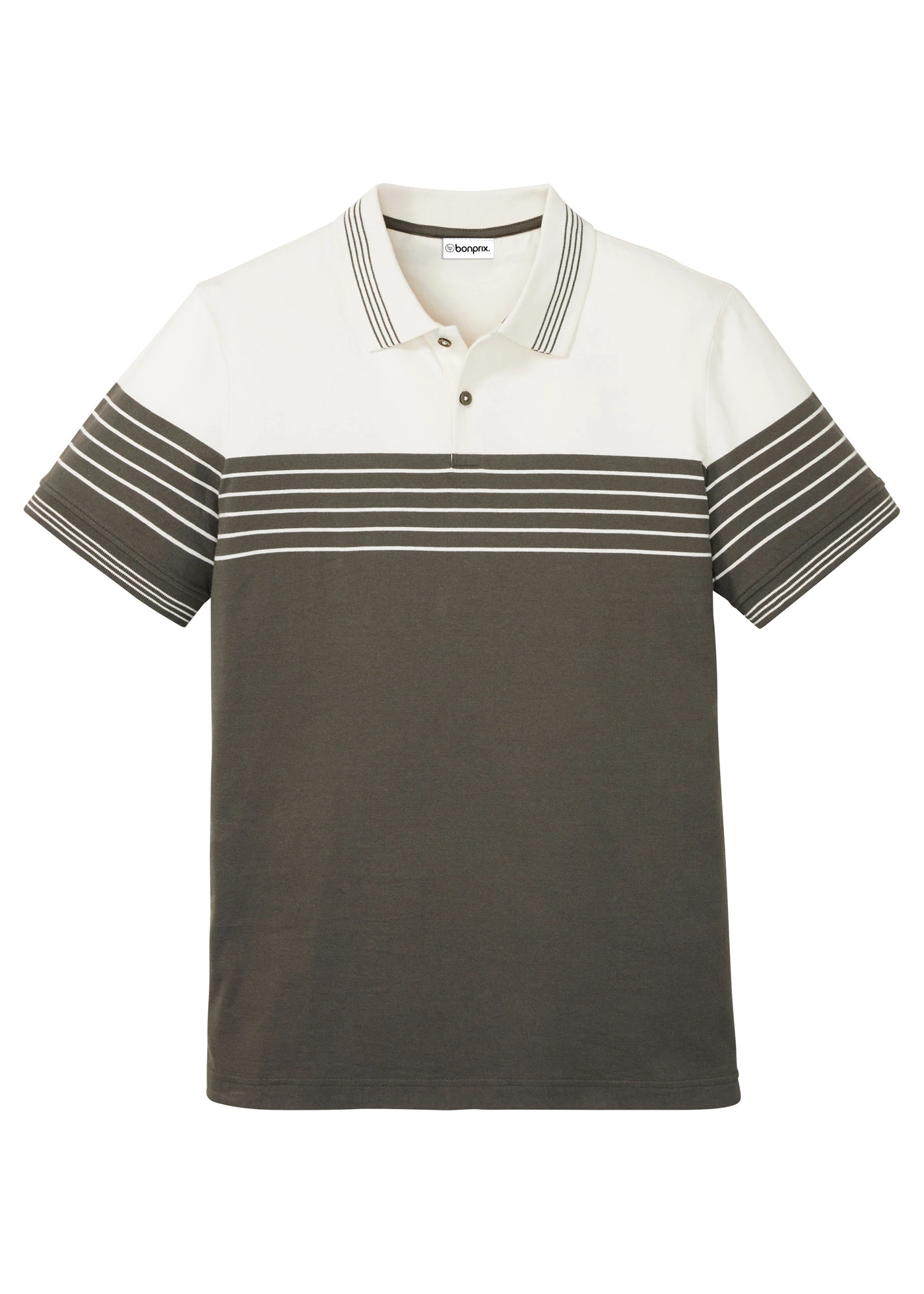 Žerzejové pólo tričko  z čisté bavlny • přírodní bílá/tmavě olivová s příčnými proužky • bonprix obchod