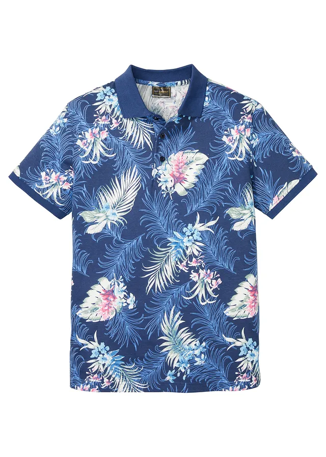 Jersey poloshirt met Hawaï-print, korte mouw, Kleur: donkerblauw