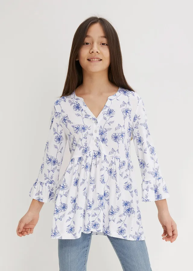 Meisjes shirt tuniek in een viscosemix, Kleur: wit-royalblauw gebloemd