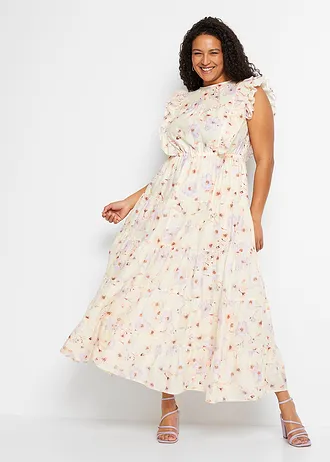 Maxi šaty z čisté bavlny, barva: béžová/jemně šeříková s květy