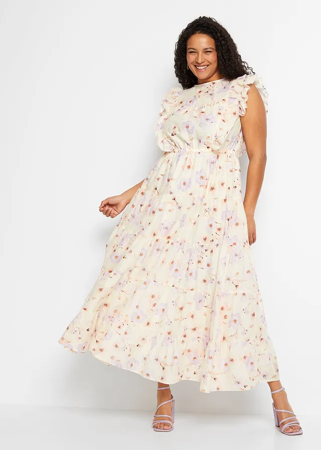 Robe longue 100% coton, Couleur: beige naturel/parme floral
