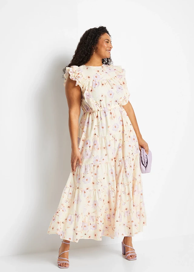 Robe longue 100% coton, Couleur: beige naturel/parme floral