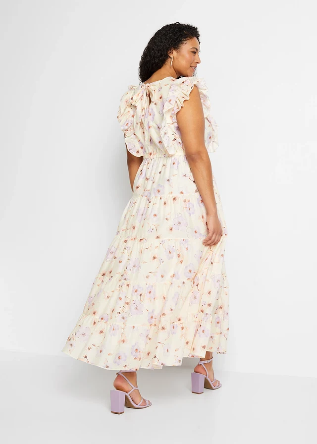 Robe longue 100% coton, Couleur: beige naturel/parme floral