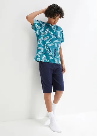 Pijama cu pantaloni scurți din bumbac 100% • turcoaz-cobalt mat/bleumarin cu imprimeu • magazin bonprix