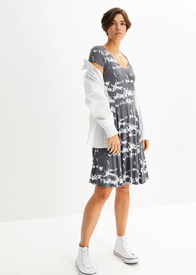 Robe fluide en jersey viscose, Couleur: gris ardoise imprimé