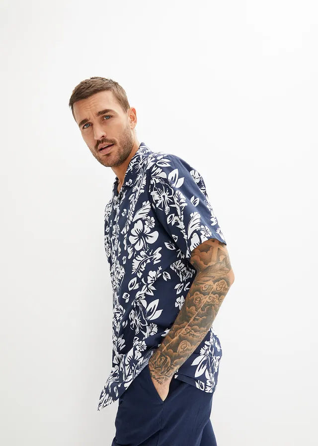Chemise manches courtes hawaïenne 100% coton, Couleur: bleu foncé   blanc
