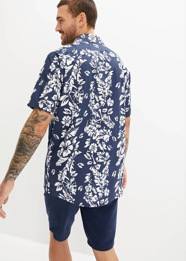 Chemise manches courtes hawaïenne 100% coton, Couleur: bleu foncé   blanc
