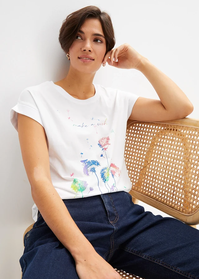 T-shirt avec fleurs de pissenlit, Couleur: blanc imprimé