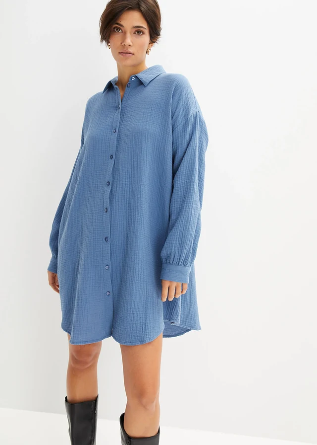 Oversized blouse van mousseline, Kleur: jeansblauw