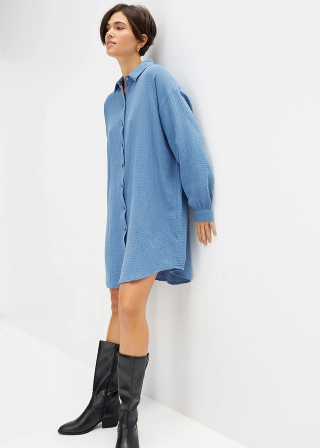 Oversized blouse van mousseline, Kleur: jeansblauw
