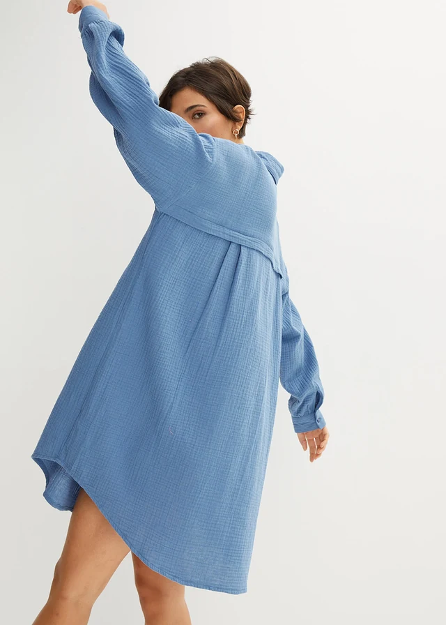 Oversized blouse van mousseline, Kleur: jeansblauw