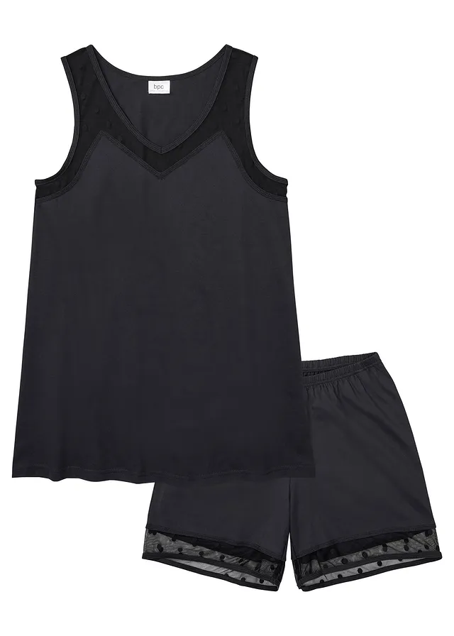 Pyjashort avec empiècement en dentelle délicate, Couleur: noir