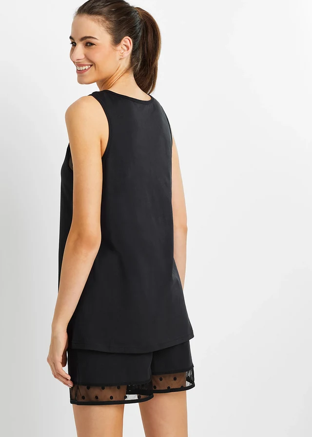 Pyjashort avec empiècement en dentelle délicate, Couleur: noir