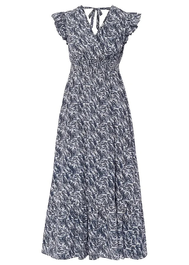 Robe longue à manches papillon, Couleur: indigo + écru imprimé