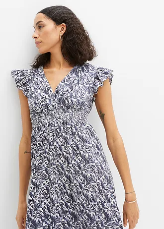 Robe longue à manches papillon • indigo + écru imprimé • Boutique bonprix