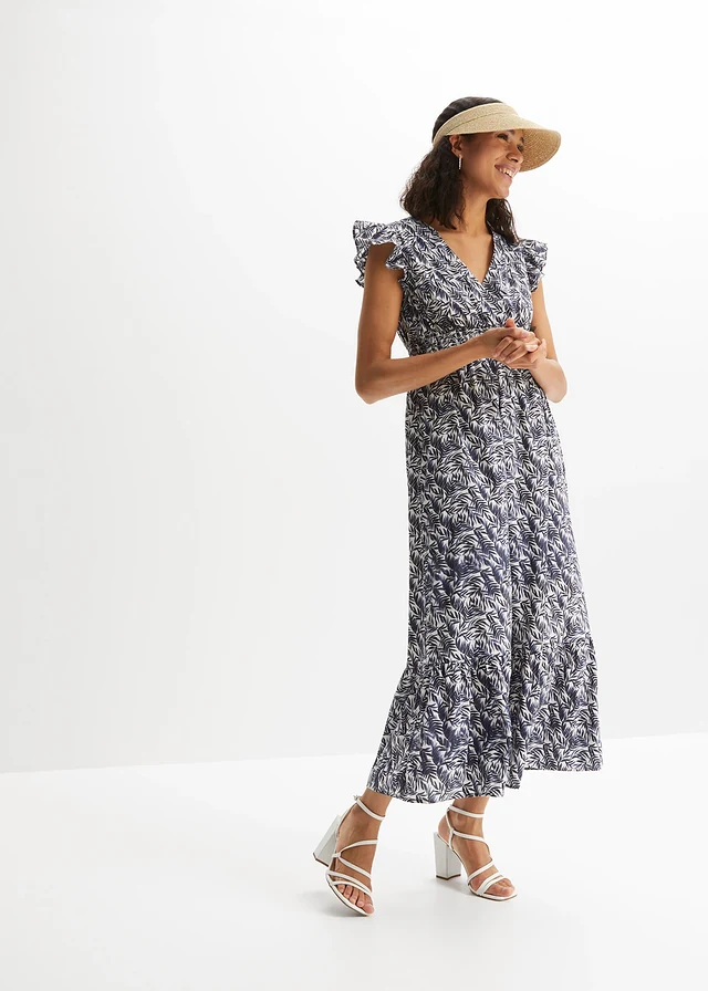 Robe longue à manches papillon, Couleur: indigo + écru imprimé