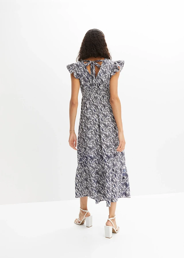 Robe longue à manches papillon, Couleur: indigo + écru imprimé