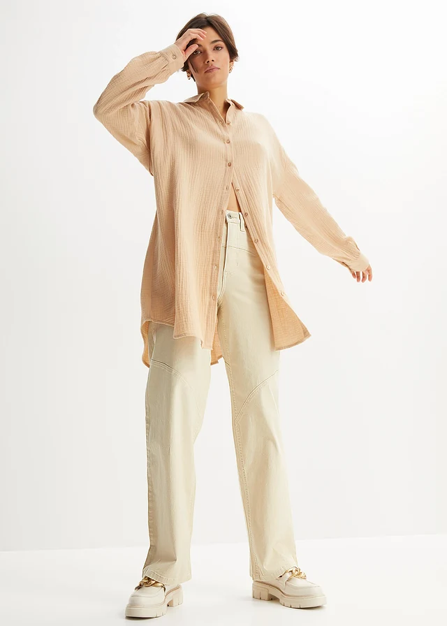 Chemisier long oversize en gaze de coton, Couleur: latte macchiato