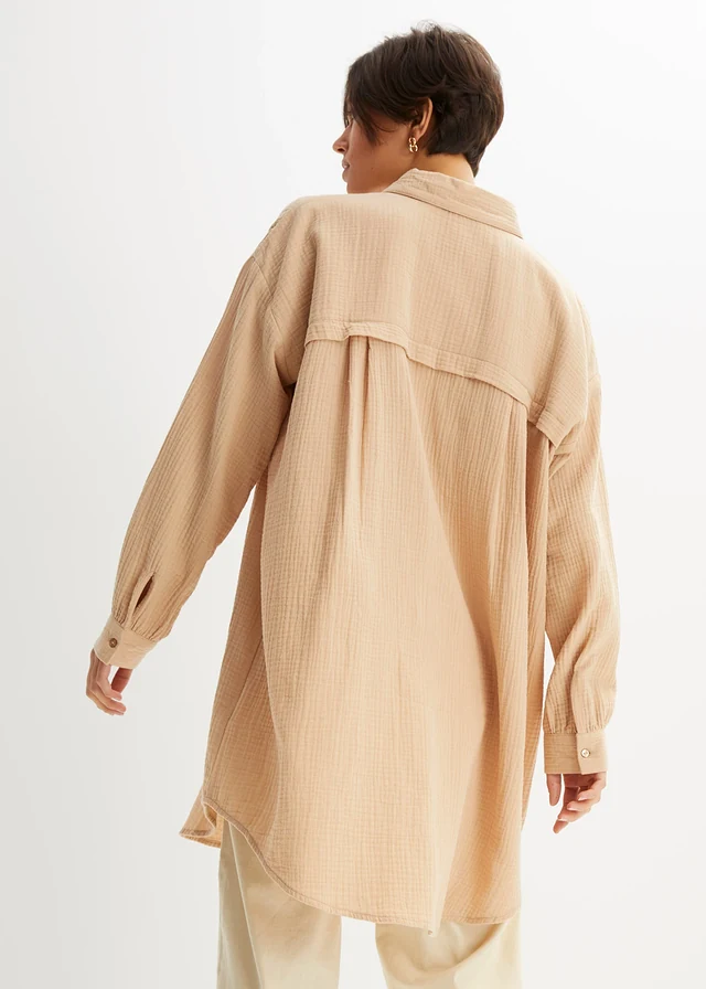 Chemisier long oversize en gaze de coton, Couleur: latte macchiato