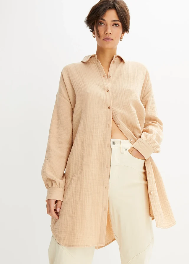 Chemisier long oversize en gaze de coton, Couleur: latte macchiato