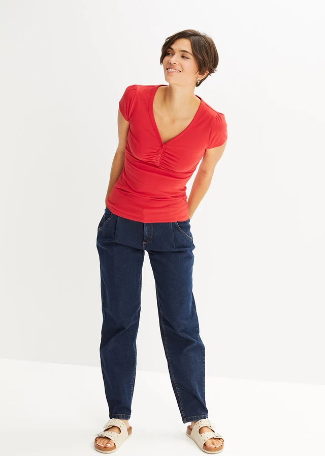 T-shirt avec patte de boutonnage en coton, Couleur: fraise