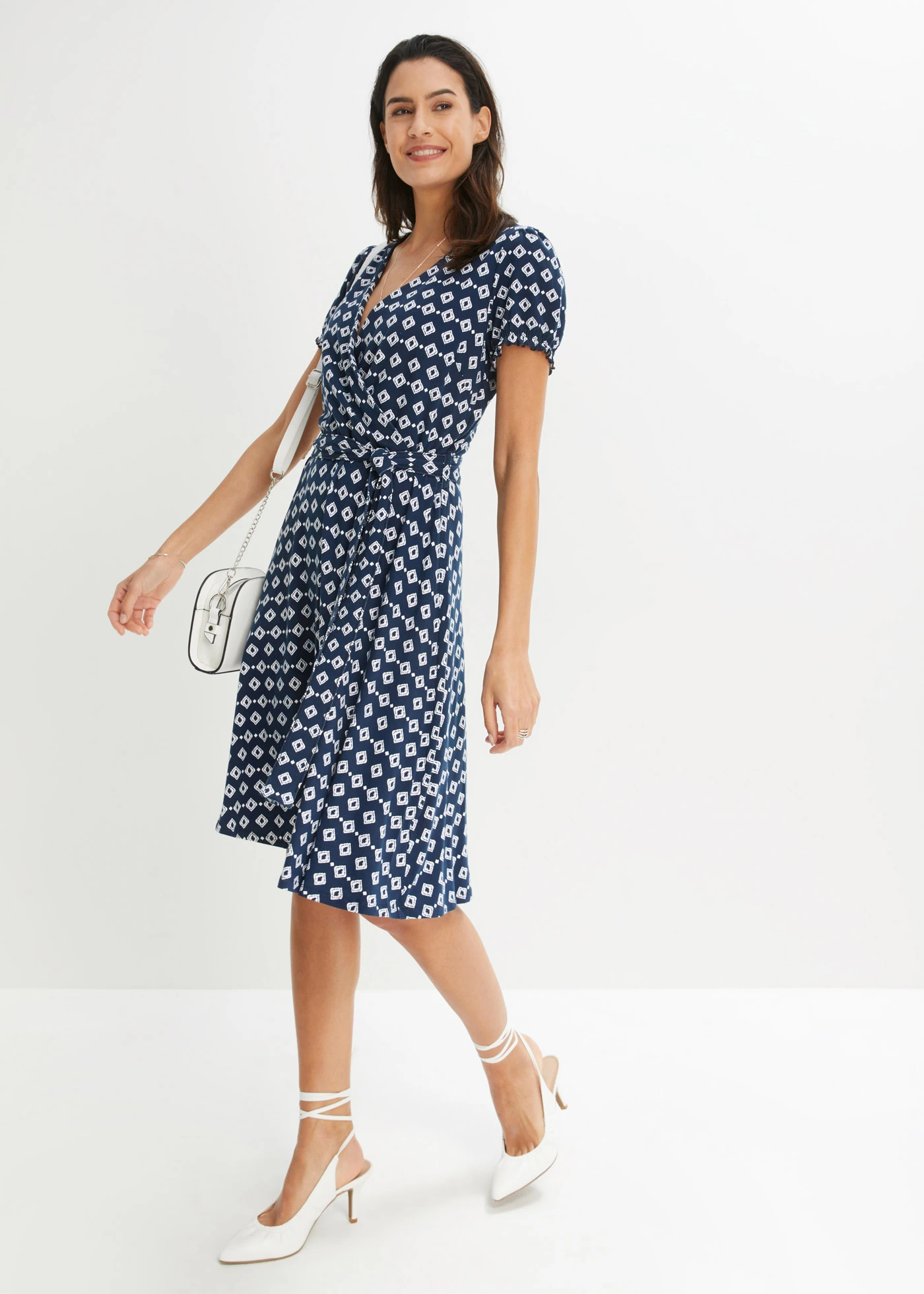 Jersey jurk in een viscosemix • donkerblauw/wit met print • bonprix online shop