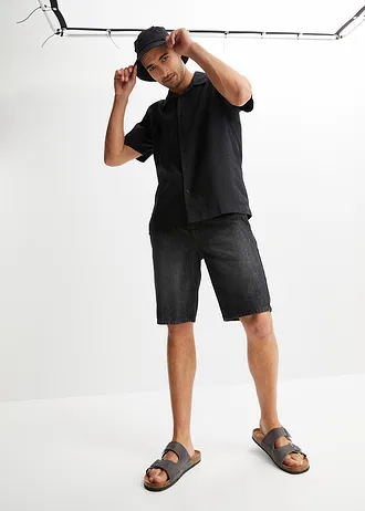 Cămașă cu mâneci scurte din amestec vaporos cu in, Loose Fit • negru • magazin bonprix