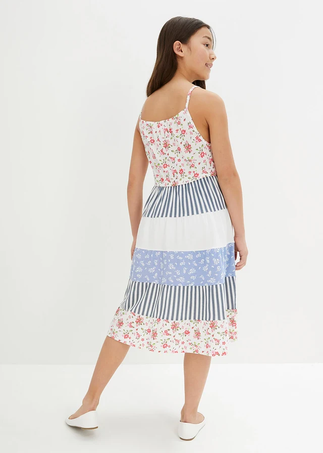 Meisjes jersey zomerjurk van biologisch katoen, Kleur: wolwit - middenblauw gedessineerd