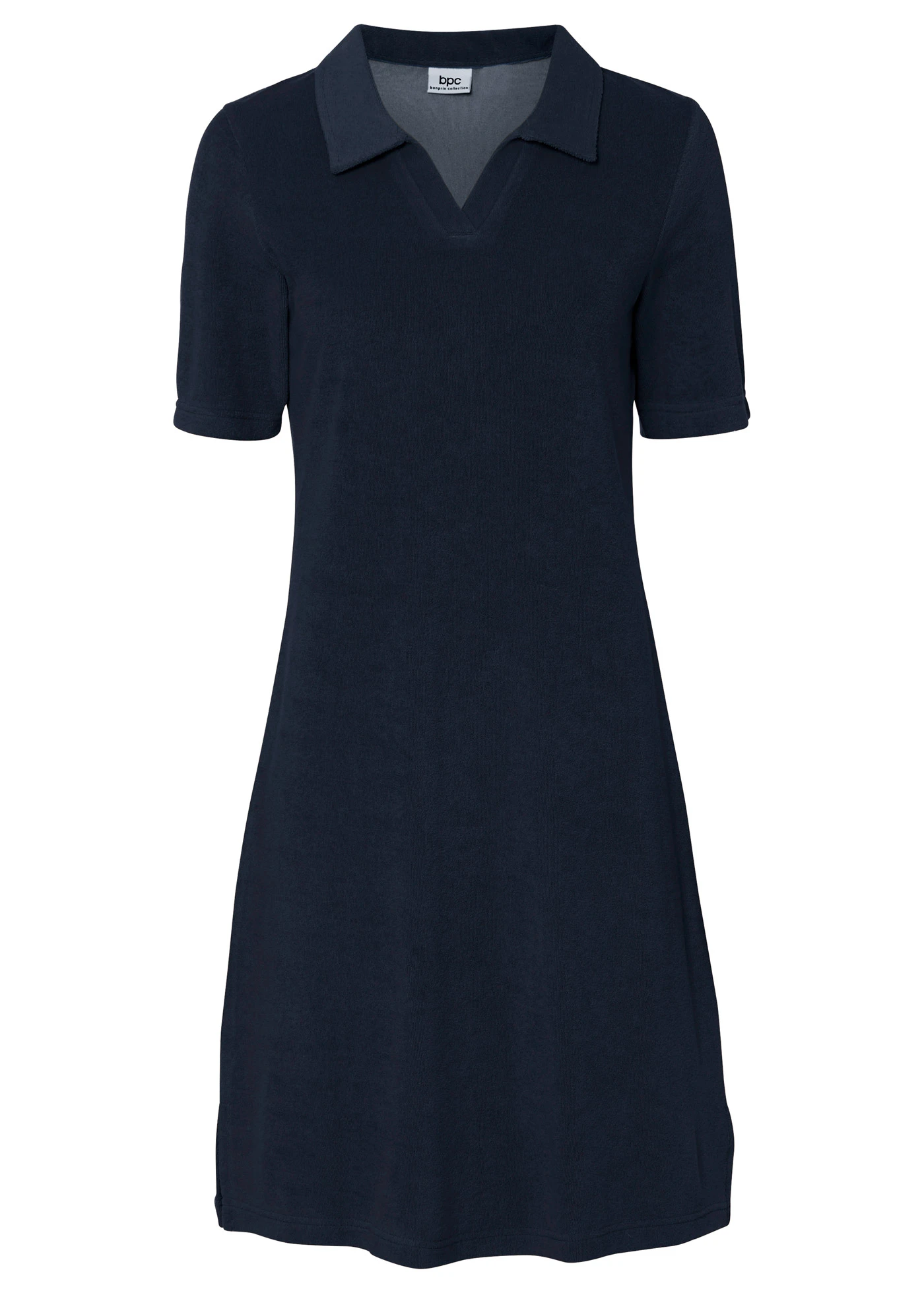 Knie-lange frotté jurk met polokraag • donkerblauw • bonprix online shop