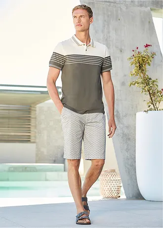 Žerzejové pólo tričko  z čisté bavlny • přírodní bílá/tmavě olivová s příčnými proužky • bonprix obchod