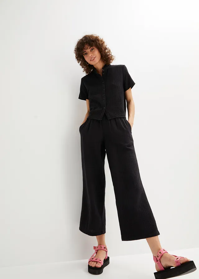 Pantalon large en gaze de coton noir