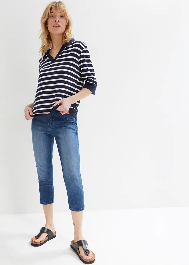 Slim fit mid waist 3/4 jeans (set van 2), Kleur: blue stone+donkerblauw denim used
