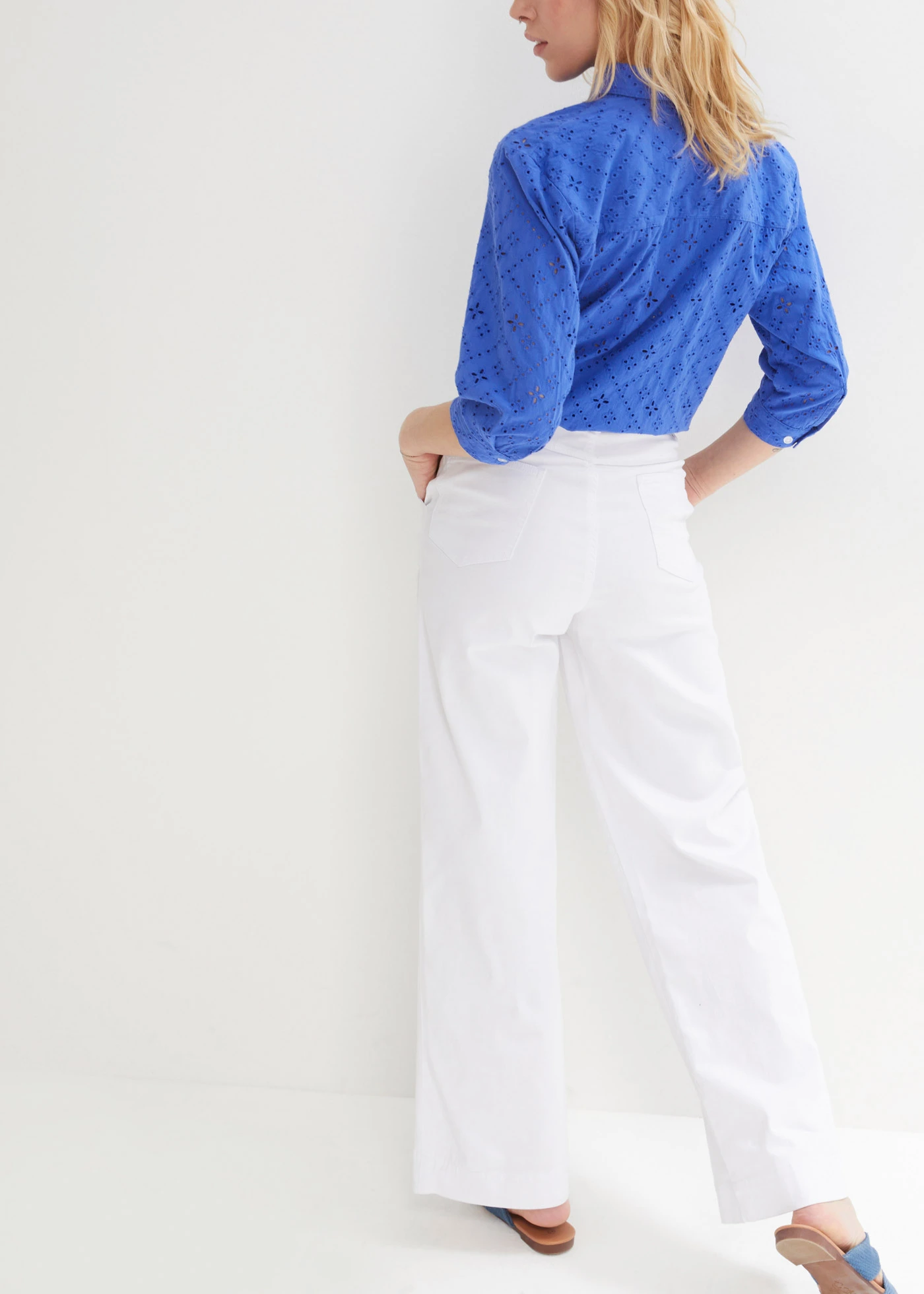 Jeansy wide leg, high waist, ze stretchem • biały diagonal • sklep bonprix