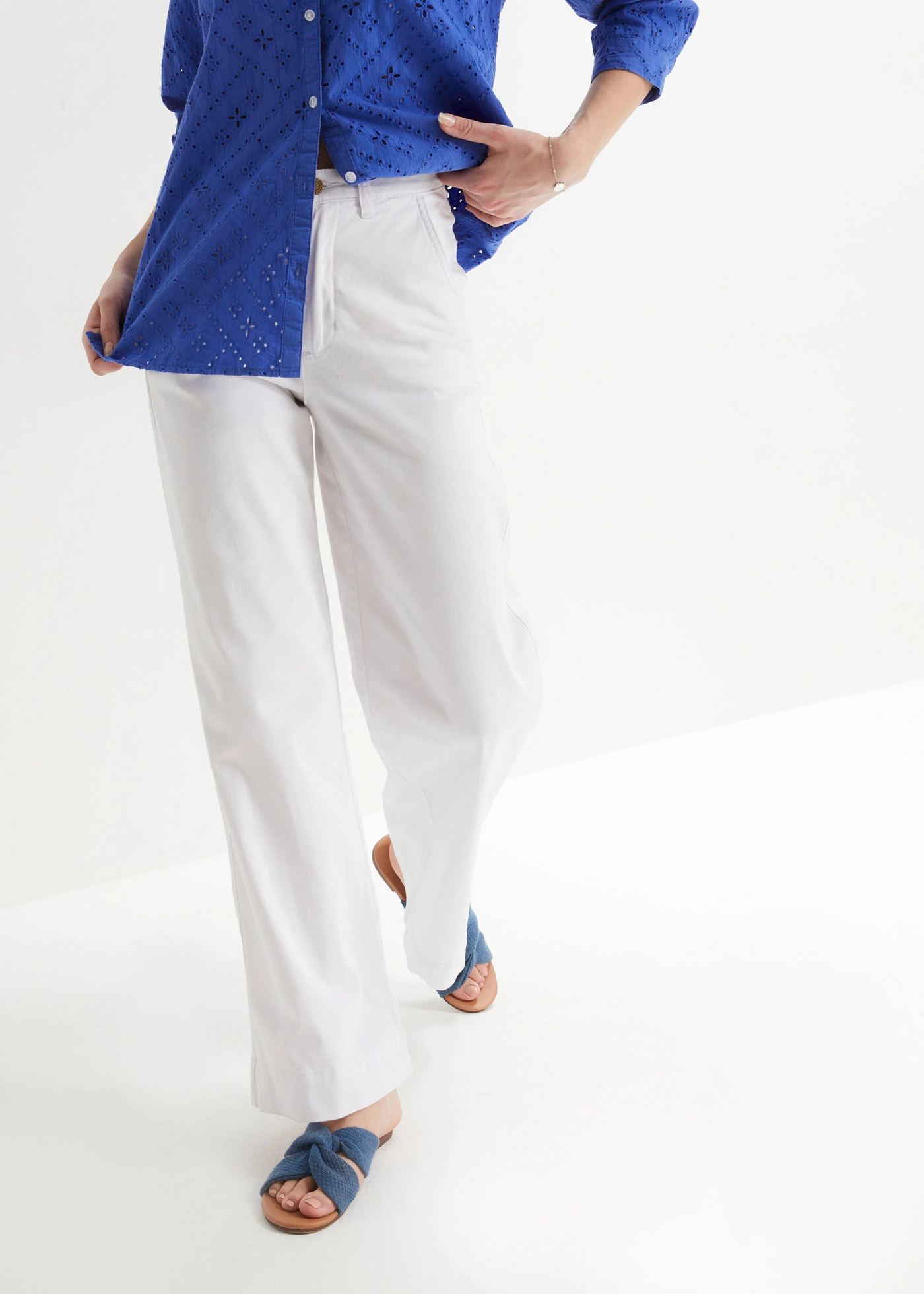 Jeansy wide leg, high waist, ze stretchem • biały diagonal • sklep bonprix
