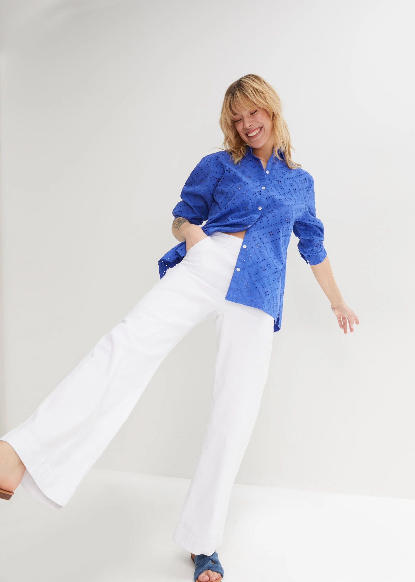 Jeansy wide leg, high waist, ze stretchem • biały diagonal • sklep bonprix