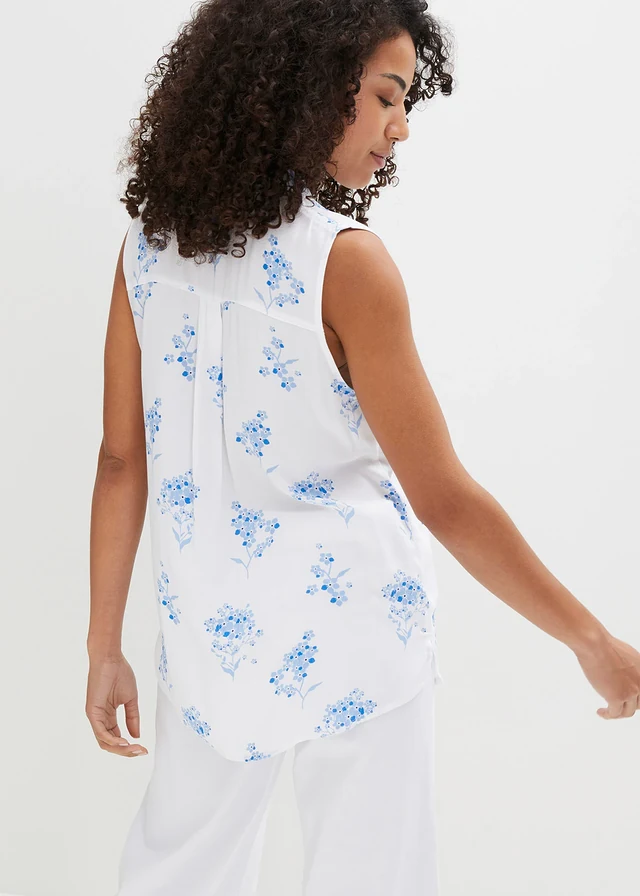 Chemisier sans manches en viscose, Couleur: blanc/bleu azur à fleurs